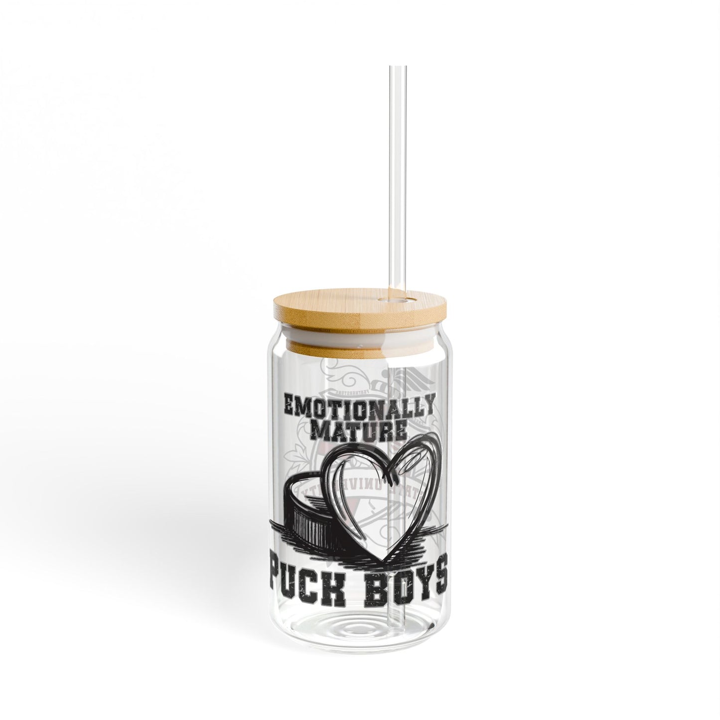 Emotionally Mature Puckboys Sipper Glass, 16oz 16oz Glass height, in 5.28 Glass diameter, in 2.97 Straw length, in 9.06 Quench your thirst in style with our 16oz Sipper Glass. Made from clear tempered glass, it's durable, sleek, and perfect for refreshing