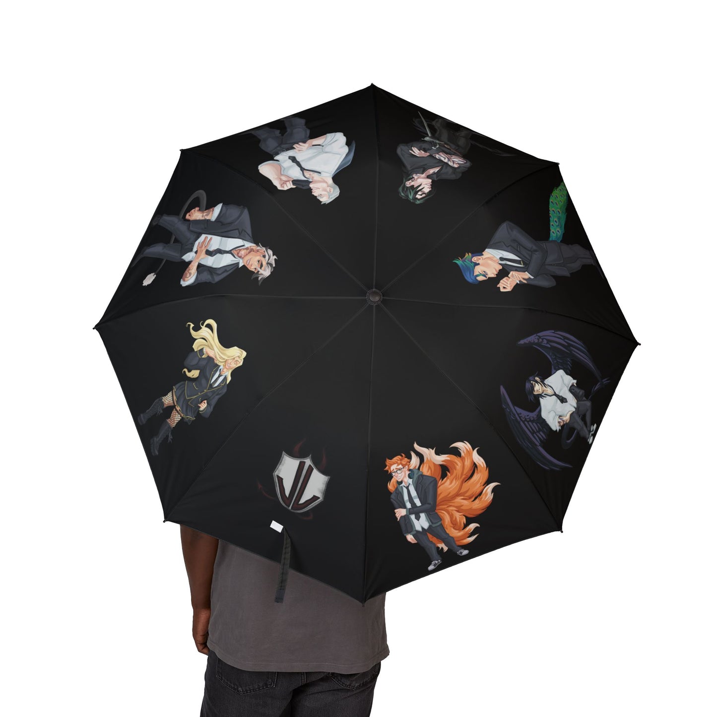 Discordia Demons (Cassandra Featherstone x Phantom Dame) Semi-Automatic Foldable Umbrella One size Canopy diameter (when open), in 48.00 Shaft length (when folded), in 20.50 Shaft length (when open), in 30.00 With the waterproof coating and semi-automatic