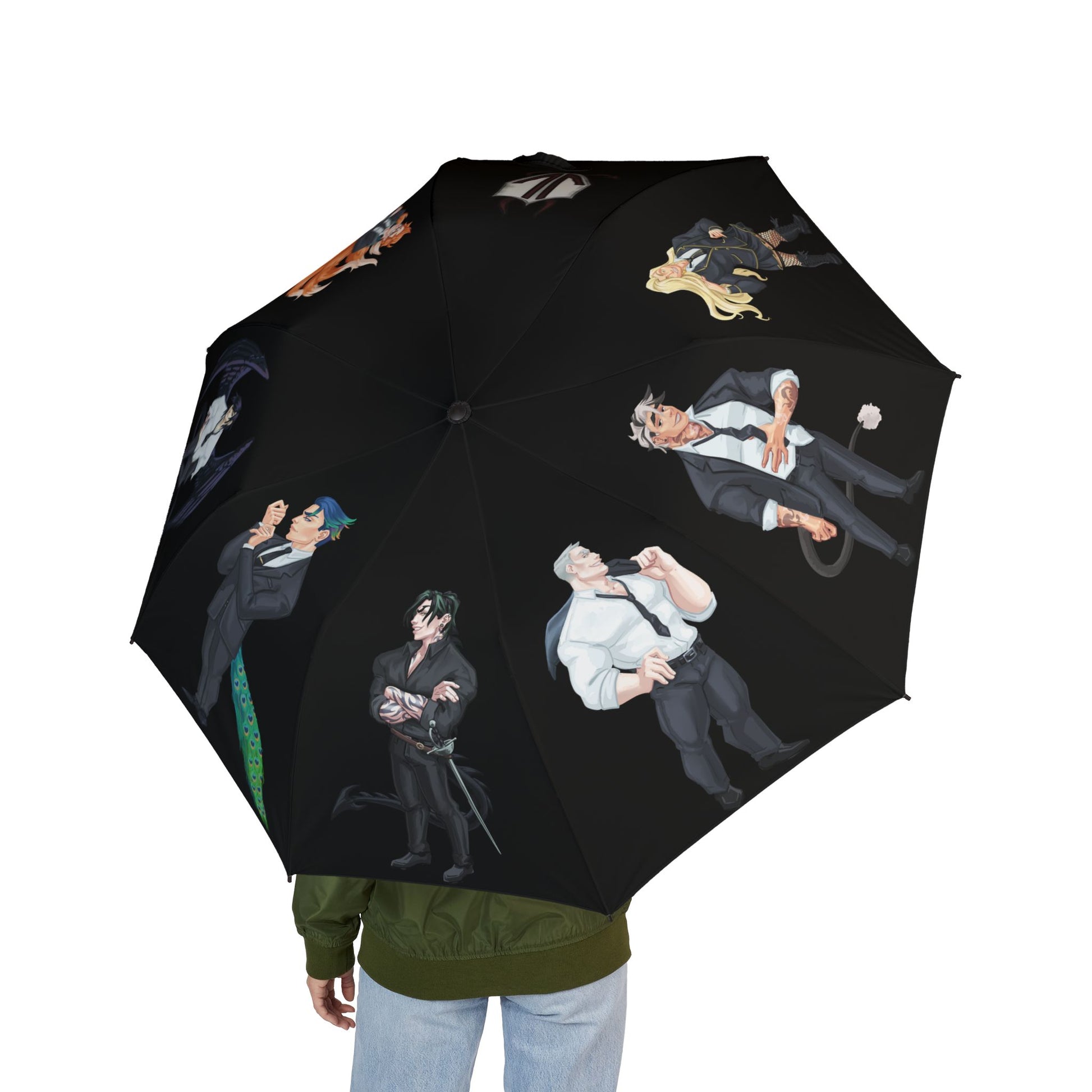 Discordia Demons (Cassandra Featherstone x Phantom Dame) Semi-Automatic Foldable Umbrella One size Canopy diameter (when open), in 48.00 Shaft length (when folded), in 20.50 Shaft length (when open), in 30.00 With the waterproof coating and semi-automatic