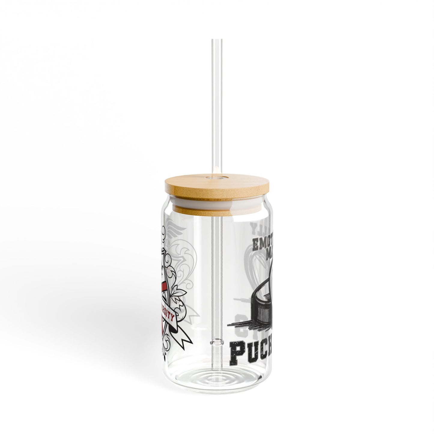 Emotionally Mature Puckboys Sipper Glass, 16oz 16oz Glass height, in 5.28 Glass diameter, in 2.97 Straw length, in 9.06 Quench your thirst in style with our 16oz Sipper Glass. Made from clear tempered glass, it's durable, sleek, and perfect for refreshing